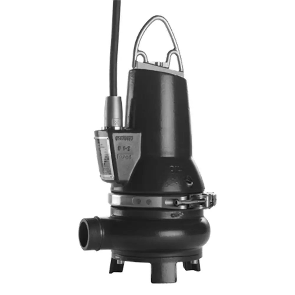 Tauchmotorpumpe von Grundfos aus Grauguss, geeignet für Schmutzwasseranwendungen. Kompakte Bauform mit Anschluss für Wasserschläuche und Elektroanschlusskabel.